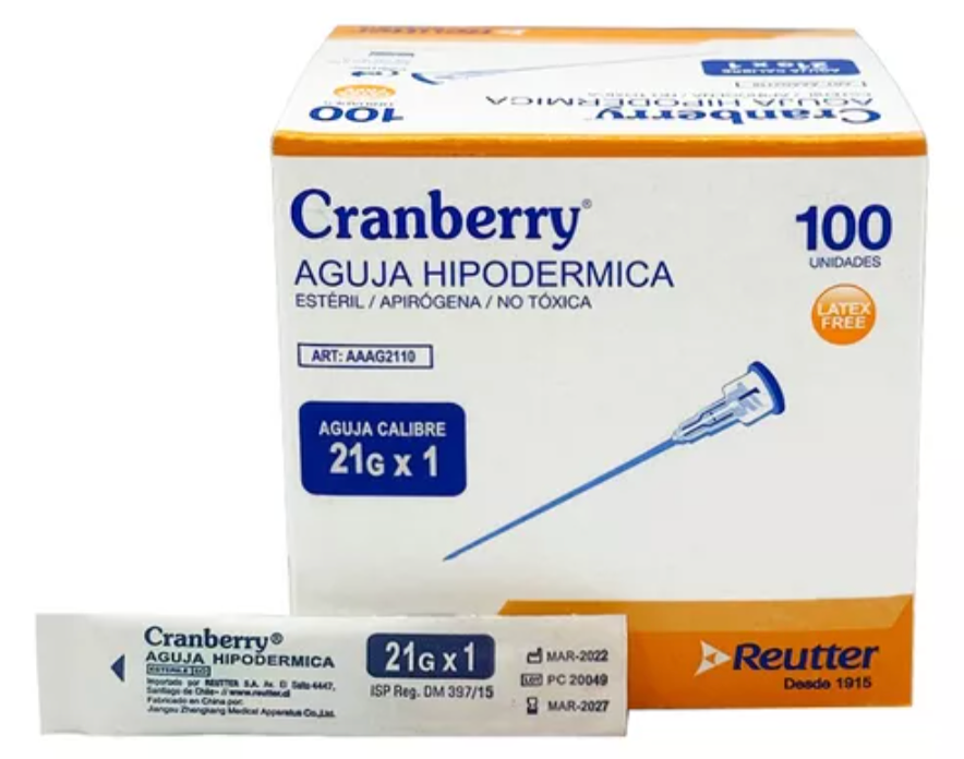 Aguja Hipodérmica Cranberry 21G X 1 CAJA x 100