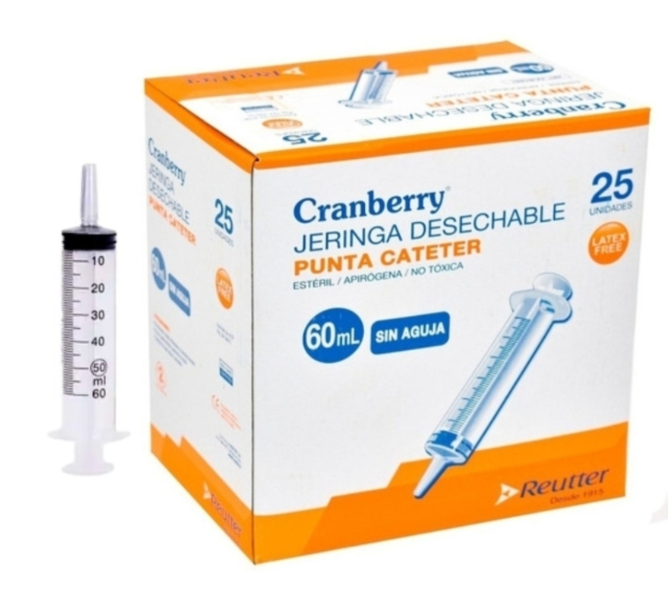 Jeringa Sin Aguja Desechable 60CC Con Punta Catéter 25 Unid. Cranberry