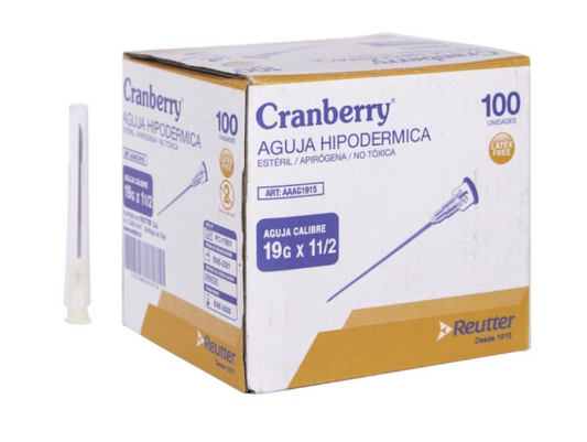 Aguja Hipodermica 19G Cranberry X 1 1/2 CAJA x 100