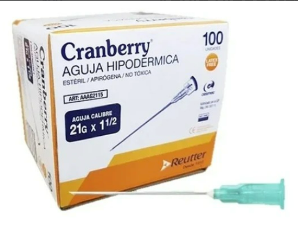 Aguja Hipodermica Cranberry 21G X 1 1/2 CAJA x 100