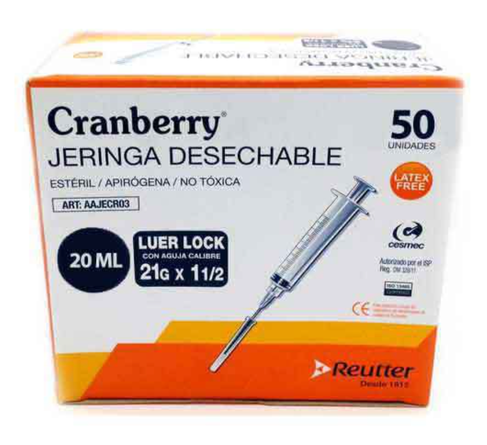 Jeringa 20 cc lock c/a 21×1 1/2 Cranberry Caja de 50 unid